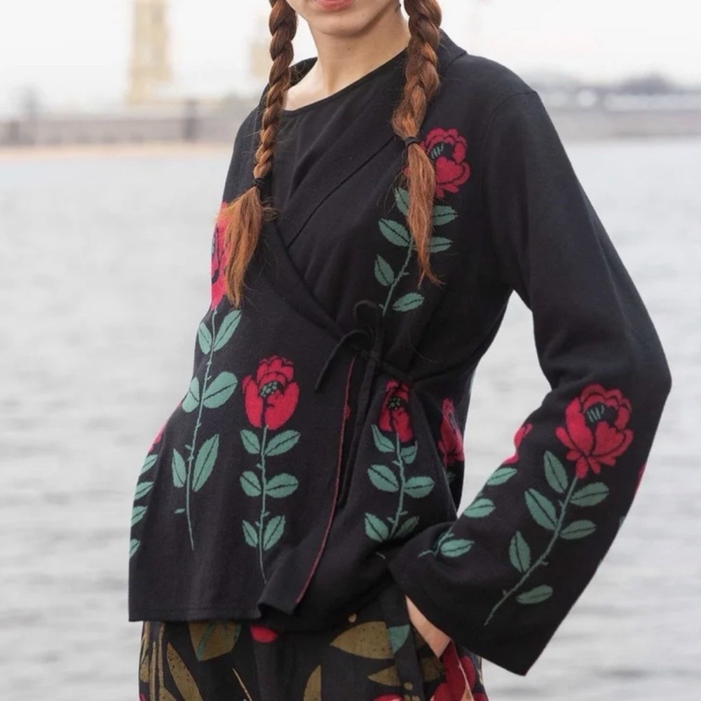 Gudrun Sjoden Valentina Eastern Roses Collection Jacquard-Knit Cardigan Sz L